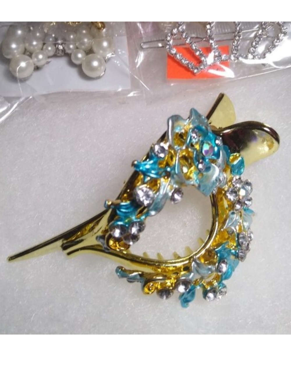 Hair Barrette Turquoise Blue Floral Beaded Shiny Gold Acrylic Alligator Clip